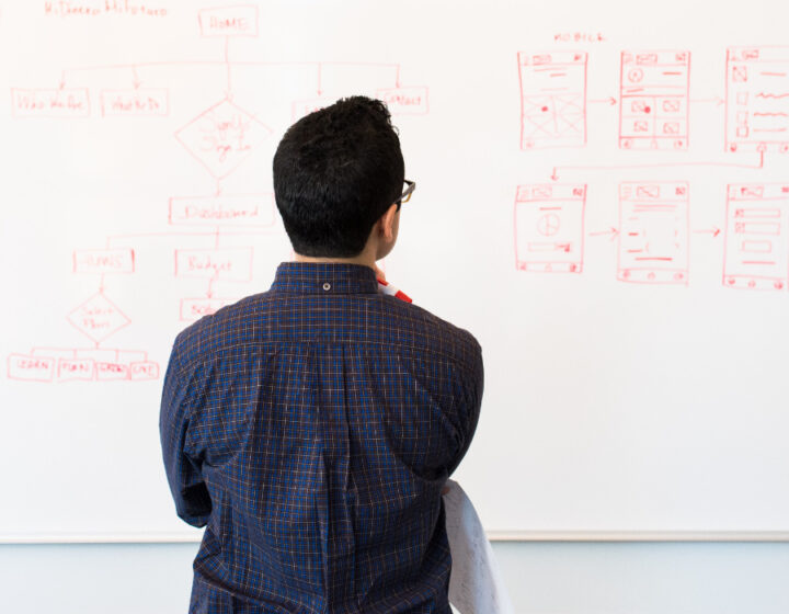 Ontwikkelaar kijkt naar whiteboard met aantekeningen en schetsen