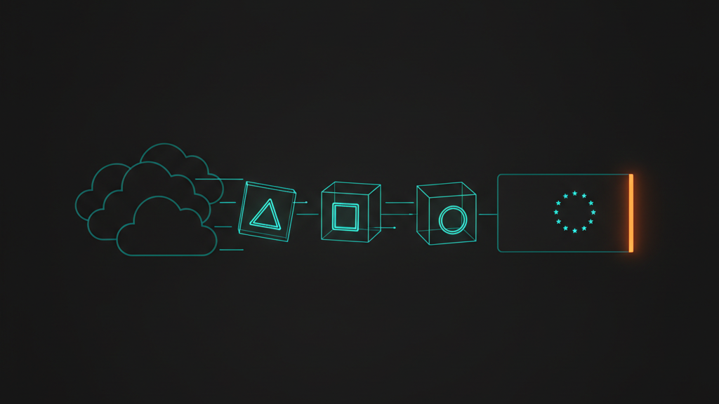 Illustratie: portable wireframe-bouwblokken die losklikken van een generieke cloud en vastklikken op een EU-cloud met oranje accent, symbool voor cloud-onafhankelijke architectuur.