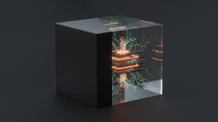 Een kubus die half zwart en dicht is en half transparant glas, met een oplichtende interne structuur, als beeld voor auditeerbare AI die van black box naar transparant gaat.