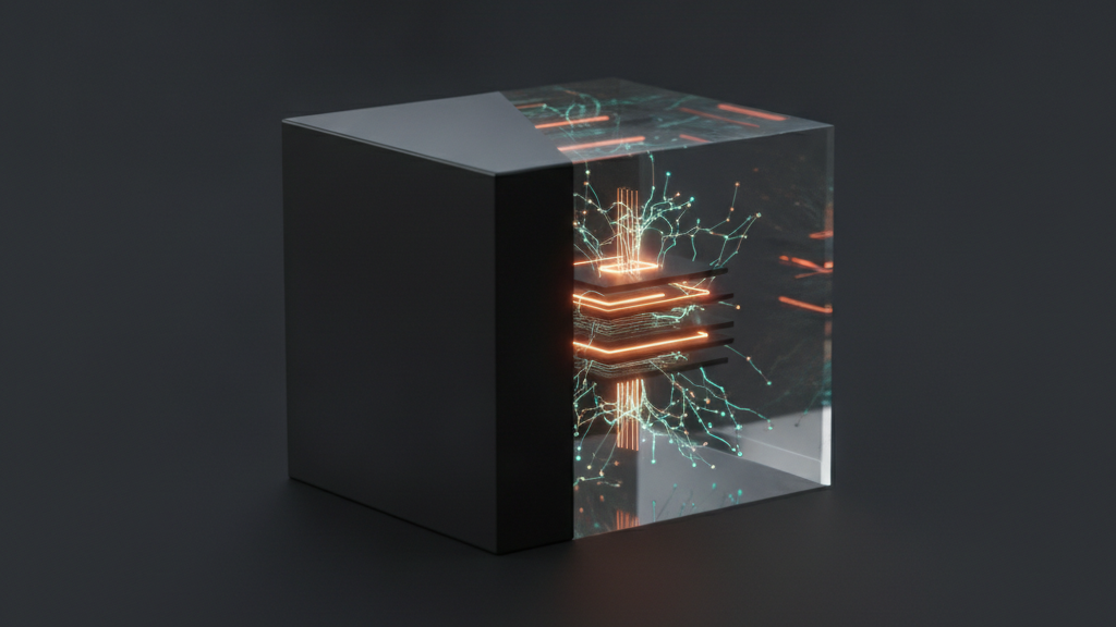 Een kubus die half zwart en dicht is en half transparant glas, met een oplichtende interne structuur, als beeld voor auditeerbare AI die van black box naar transparant gaat.