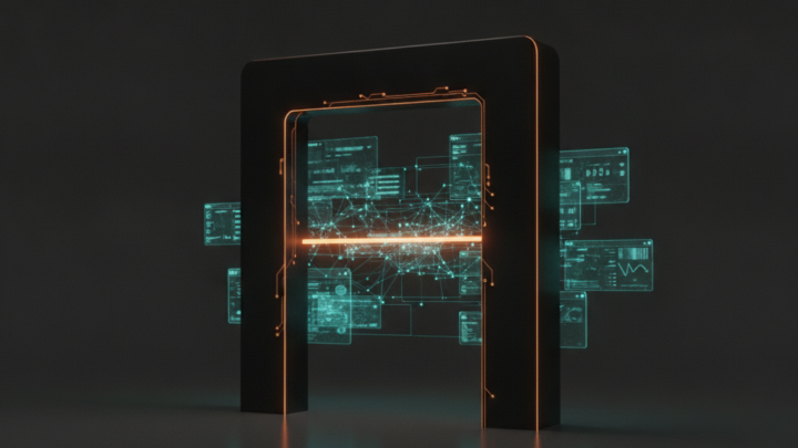 Donkere digitale poort met een oranje drempellijn en zwevende teal wireframe browser-vensters, als symbool voor een AI-agent die websites test aan de poort.